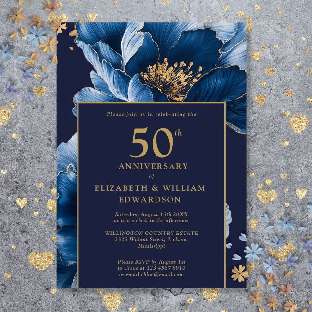 Convites Elegante Azul Marinho Floral Moderno 50º Aniversár (Modern Navy Blue Floral Elegant 50th Anniversary Invitation)