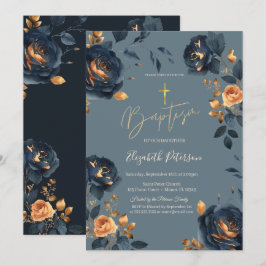Convites Elegante Azul Marinho Flores Douradas Batismo