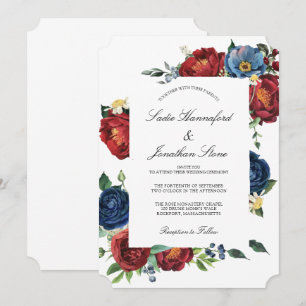 Convites Elegante Azul Marinho Vermelho Borgonha Floral Cas