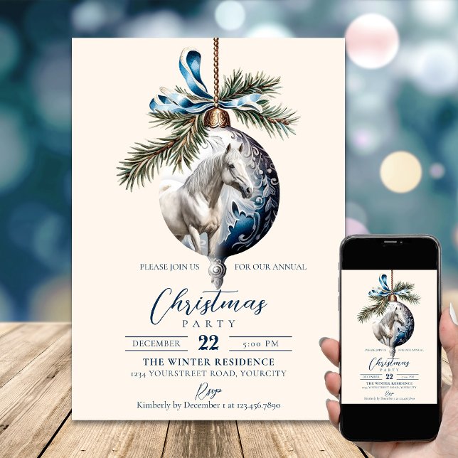 Convites Elegante azul-natalino equestre branco (Elegant blue Christmas white horse equestrian Invitation)