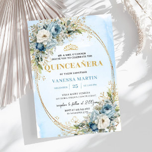 Convites Elegante Azul Pastel Dourado Eucalipto Quinceañera