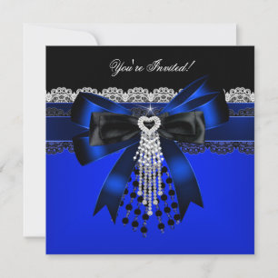 Convites Elegante Azul Preto Branco Diamante Pérola Renda F