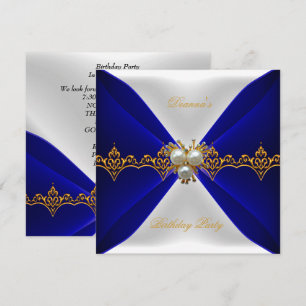 Convites Elegante Azul Real Aniversário Dourado Joia Seda B
