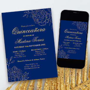 Convites Elegante Azul Real Dourado Floral Esboço Quinceane
