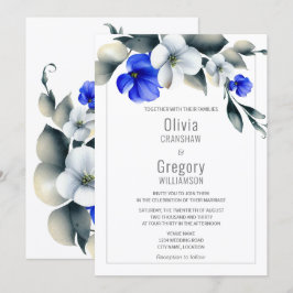 Convites Elegante Azul Real e Floral Branco