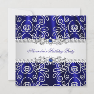 Convites Elegante Azul Real Navy Sobreposição de Renda e Di