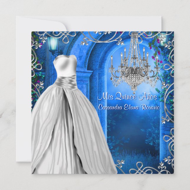Convites Elegante Azul Real Quinceanera Prata (Frente)