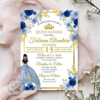 Convites Elegante Azul Real & Rosa Dourada Quinceañera