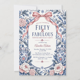 Convites Elegante Azul Rosa Chinoiserie Aniversário Fabulos