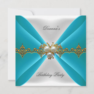 Convites Elegante Azul Turquesa Aniversário Dourado Joia Se