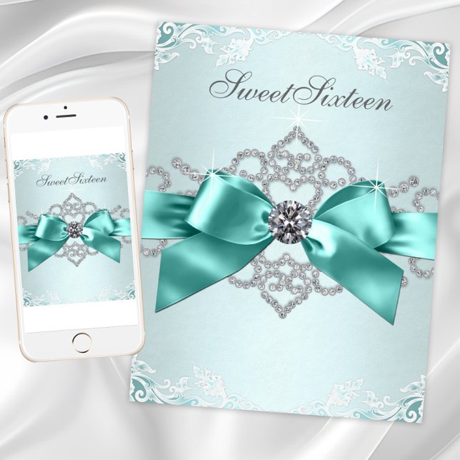 Convites Elegante Azul Turquesa Diamante Qualquer Ocasião (Beautiful teal blue any occasion invitation. Add your text to the front and/or back for your event.)