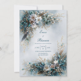 Convites Elegante Azul Turquesa Floral Pena Dourada Casamen