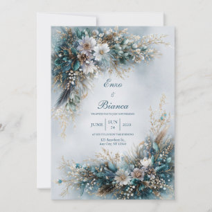 Convites Elegante Azul Turquesa Floral Pena Dourada Casamen
