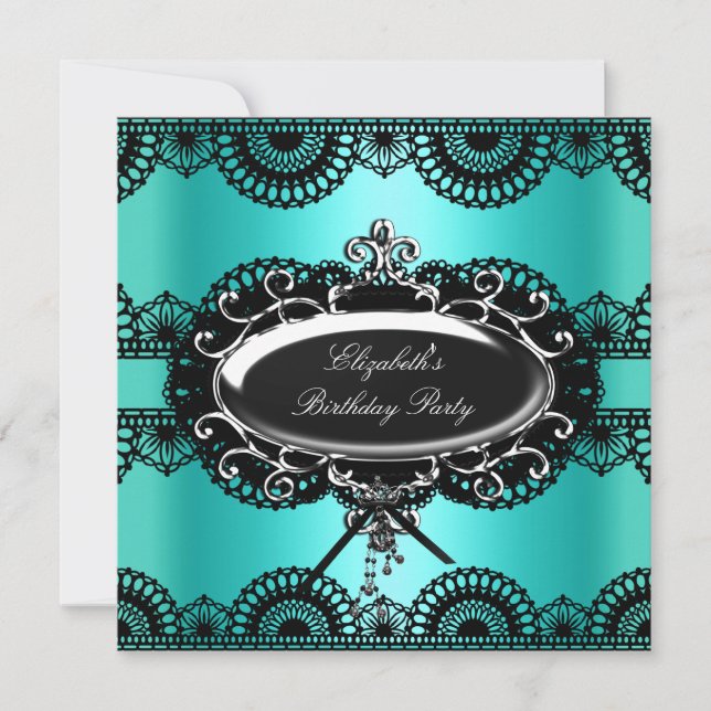 Convites Elegante Azul Turquesa Preto Prata Renda Aniversár (Frente)