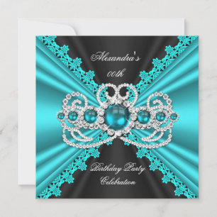 Convites Elegante Azul Turquesa Renda Diamante Preto Aniver