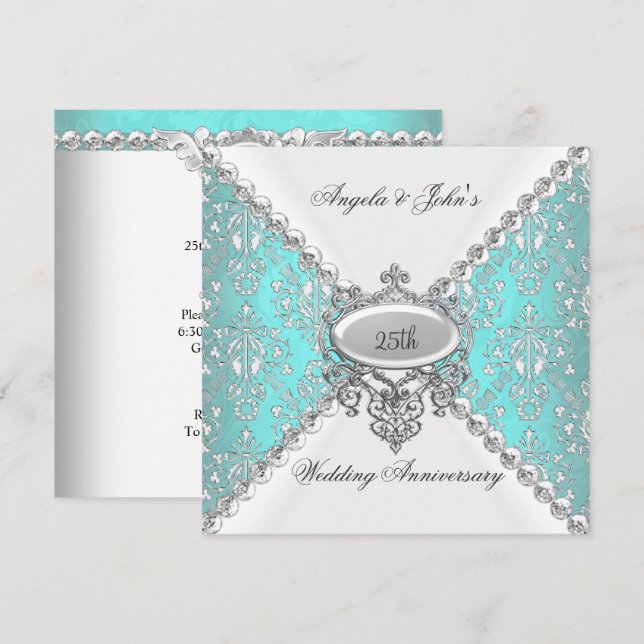 Convites Elegante Azul Verde Água Branco Aniversário de 25  (Frente/Verso)