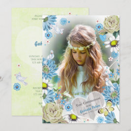 Convites Elegante Azul & verde Floral Primeira Comunhão