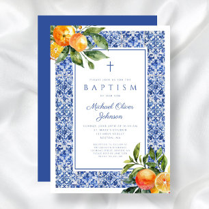 Convites Elegante Azulejo Azul Citrus Menino Religioso Bati