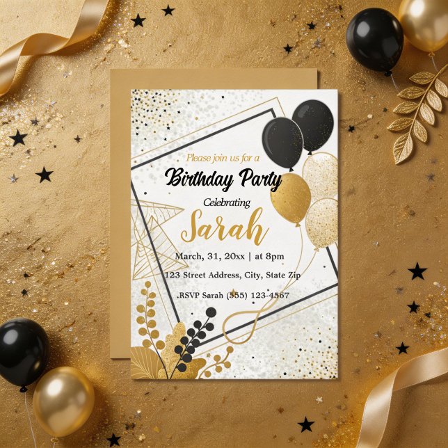 Convites elegante balão dourado preto para qualquer idade d (Criador carregado)