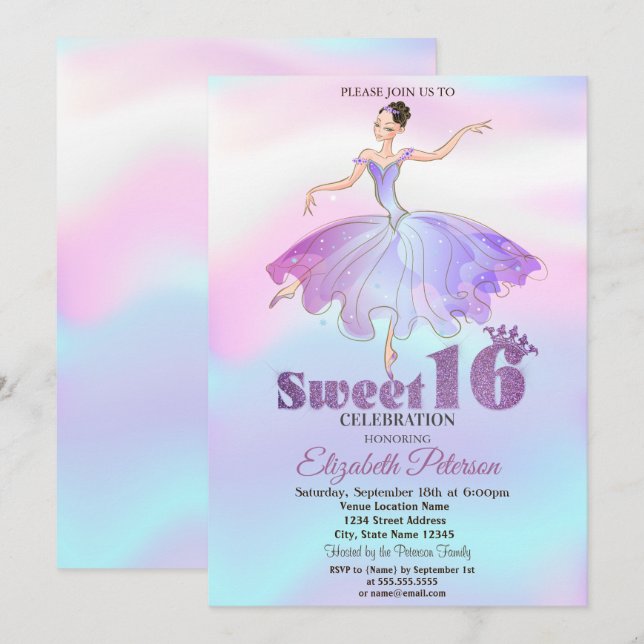 Convites Elegante Ballerina Colorful Ombre Sweet 16 (Frente/Verso)
