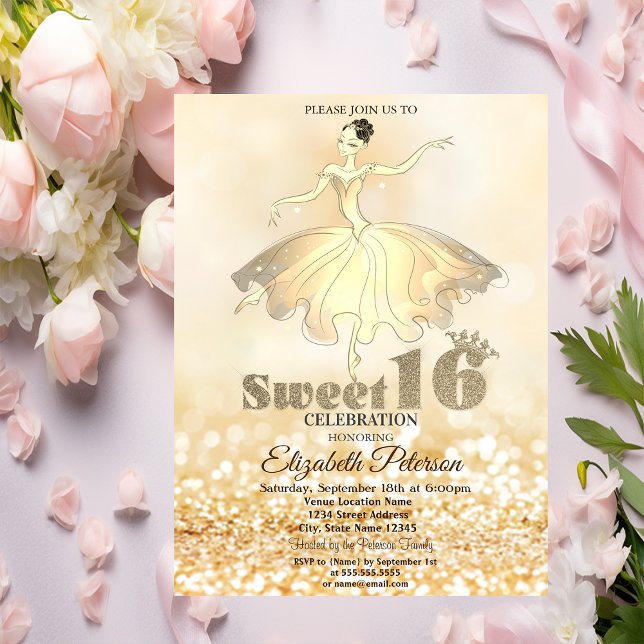 Convites Elegante Ballerina Dourada Glitter Bokeh Sweet 16 (Criador carregado)