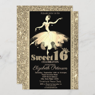 Convites Elegante Ballerina Dourada Glitter Sweet 16