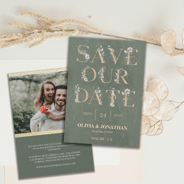 Convites Elegante Bandeja Verde Dourada Salve a Data (Save Our Date Sage Green Botanical Wedding Invite)