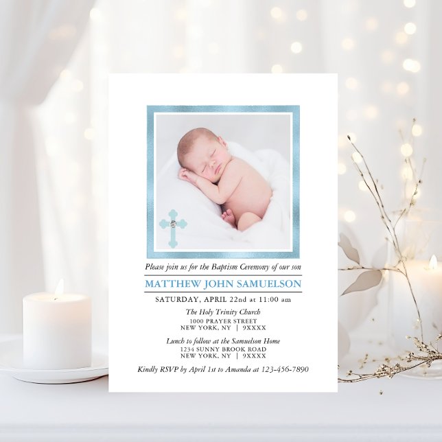 Convites Elegante BAPTISM CHRISTENING Blue Boy | FOTO (Elegant BAPTISM CHRISTENING Blue Boy  PHOTO Invitation)