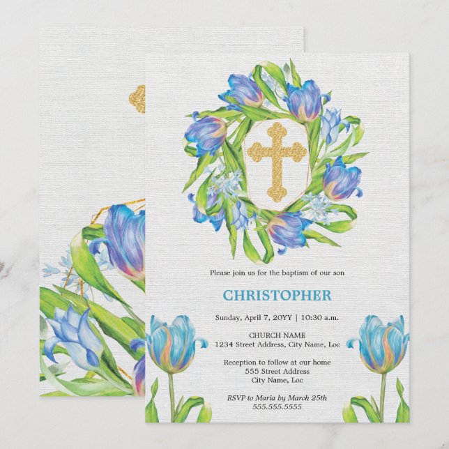 Convites Elegante Baptism Floral (Frente/Verso)