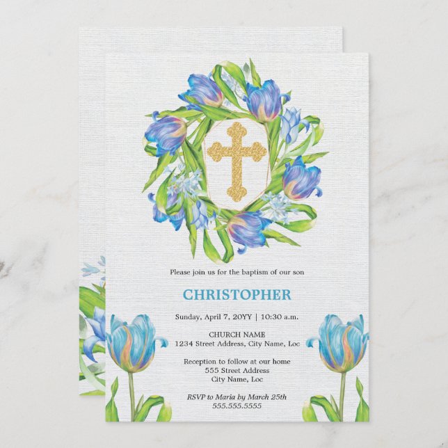 Convites Elegante Baptism Floral (Frente/Verso)