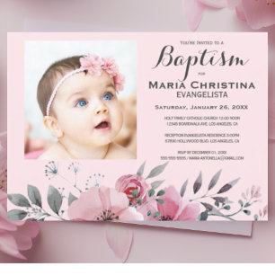 Convites Elegante BAPTISM Floral Rosa Suave