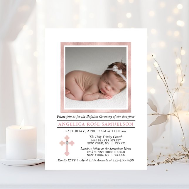 Convites Elegante BAPTISMO CHRISTENS Pink Girl | FOTO (Elegant BAPTISM CHRISTENING Pink Girl  PHOTO Invitation)