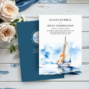 Convites Elegante Barco à Vela Oceânico Aquarela Casamento