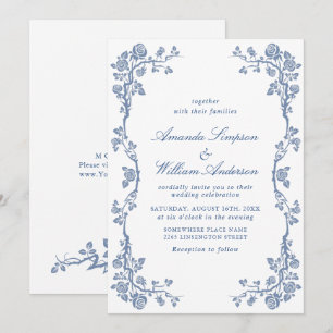 Convites Elegante Barroco Azul Floral Jardim Francês Casame