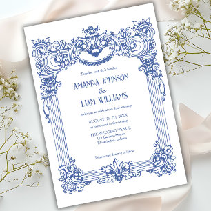 Convites Elegante Barroco Floral Azul Coluna Casamento