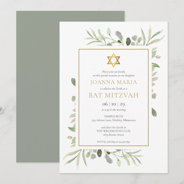 Convites Elegante Bat Mitzvah em Aquarela Verde (Frente/Verso)