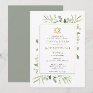Convites Elegante Bat Mitzvah em Aquarela Verde