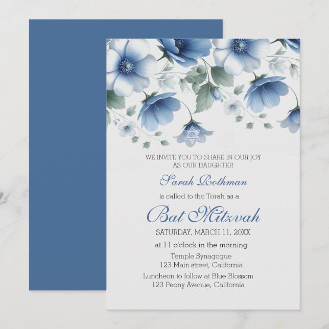 Convites Elegante Bat Mitzvah Floral Azul Menina (Frente/Verso)