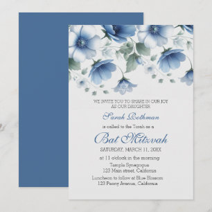 Convites Elegante Bat Mitzvah Floral Azul Menina