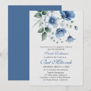 Convites Elegante Bat Mitzvah Floral Azul Menina
