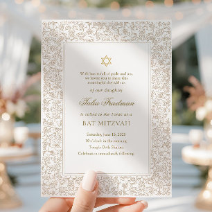 Convites Elegante Bat Mitzvah Floral em Ouro Moderno 