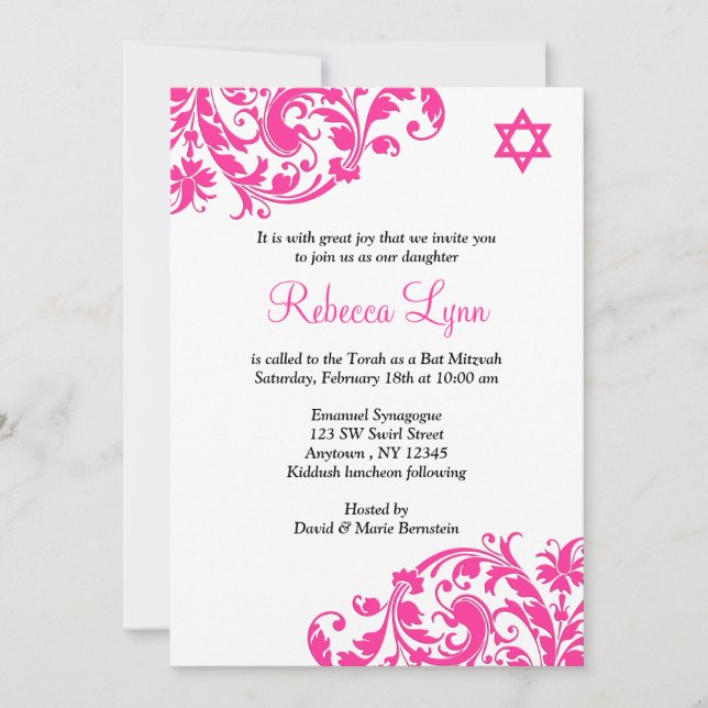 Convites Elegante Bat Mitzvah, Floreado Rosa, (Frente)
