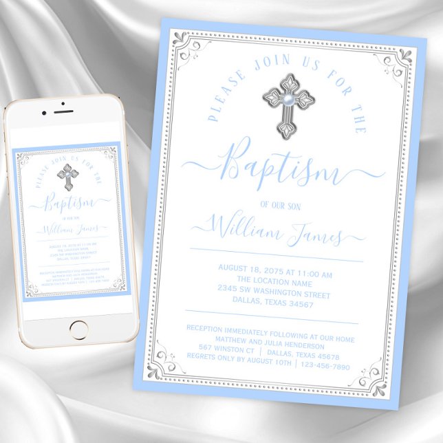 Convites Elegante Batismo Bebê Azul Prata Menino (Baby blue silver cross baptism invitation. Instant download and printed invitations available.)