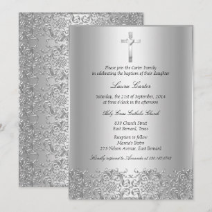 Convites Elegante Batismo/Crisma em Damask & Cruz de Prata
