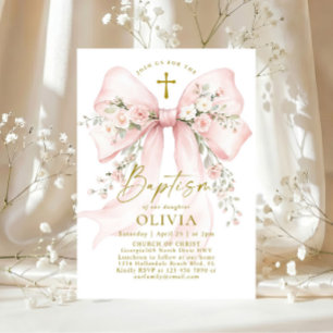 Convites Elegante Batismo Cristão de Menina Rosa Floral Arc