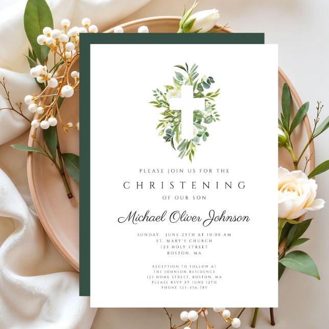 Convites Elegante Batismo Cruz Botânica Religiosa (Elegant Religious Botanical Cross Christening Invitation)