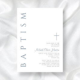 Convites Elegante Batismo Cruz em Script Azul Empoeirado