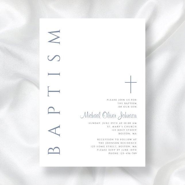 Convites Elegante Batismo Cruz em Script Azul Empoeirado (Elegant Dusty Blue Script Cross Baptism Invitation)