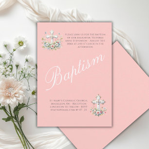 Convites Elegante Batismo de Bebê Menina Religiosa Rosa