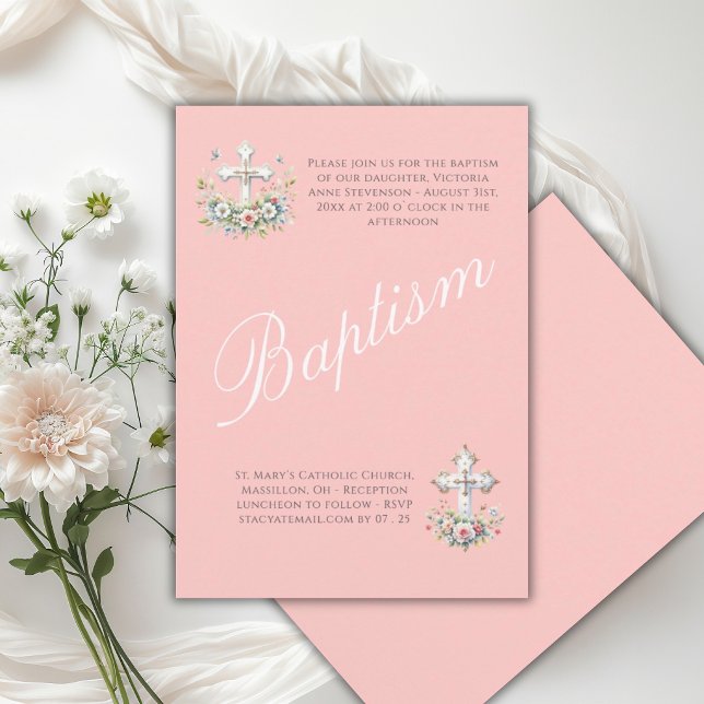 Convites Elegante Batismo de Bebê Menina Religiosa Rosa (Criador carregado)